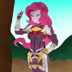 Size: 2334x2328 | Tagged: safe, artist:pyrus-leonidas, pinkie pie, equestria girls, armor, astolfo, clothes, cute, fate/apocrypha, fate/grand order, female, fingerless gloves, gloves, grin, looking at you, peace sign, rider, rider of black, smiling, solo, sword, weapon