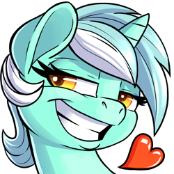 Size: 900x900 | Tagged: safe, artist:pusspuss, lyra heartstrings, pony, unicorn, bust, female, flirting, flirty, grin, heart, looking at you, mare, patreon, patreon logo, portrait, reaction image, simple background, smiling, smug, solo, transparent background