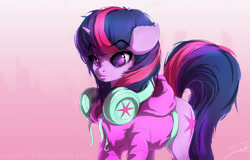 Size: 1829x1170 | Tagged: safe, artist:sverre93, derpibooru import, twilight sparkle, pony, alternate hairstyle, clothes, headphones, hoodie, no pupils, solo