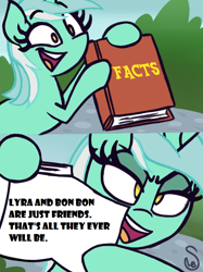 Size: 760x1015 | Tagged: safe, artist:quarium edits, bon bon, lyra heartstrings, sweetie drops, pony, unicorn, 2 panel comic, aged like milk, anti-shipping, bipedal, book, comic, ed edd n eddy, exploitable meme, facts, female, glare, hilarious in hindsight, hoof hold, jossed, lidded eyes, lyra's fact book, mare, meme, op is a cuck, op is trying to start shit, op is wrong, op started shit, op was wrong, smiling, smirk, twilight's fact book