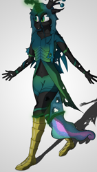 Size: 4320x7680 | Tagged: safe, artist:littlepony115, princess celestia, queen chrysalis, alicorn, anthro, changeling, changeling queen, absurd resolution, armor, crown, disguise, disguised changeling, fangs, female, jewelry, magic, mare, monarch, queen, regalia, ribcage, ribs, simple background, solo, transformation, vignette, villian