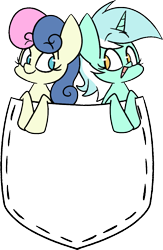 Size: 721x1107 | Tagged: safe, artist:typhwosion, bon bon, lyra heartstrings, sweetie drops, earth pony, pony, unicorn, female, mare, pocket, pocket pony, simple background, smiling, transparent background