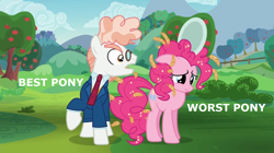 Size: 1280x715 | Tagged: safe, edit, edited screencap, screencap, pinkie pie, svengallop, earth pony, pony, the mane attraction, apple tree, background pony strikes again, best pony, blatant lies, caption, duo, know the difference, raised hoof, sad, tree, worst pony