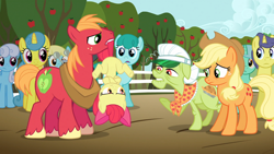 Size: 1920x1080 | Tagged: safe, screencap, apple bloom, applejack, big macintosh, comet tail, granny smith, lemon hearts, linky, lyra heartstrings, sassaflash, shoeshine, spring melody, sprinkle medley, earth pony, pony, the super speedy cider squeezy 6000, apple family, apple tree, crossed hooves, mouth hold, tail, tail pull, tree, upside down