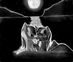 Size: 3652x3100 | Tagged: safe, artist:jesterofdestiny, lyra heartstrings, twilight sparkle, twilight sparkle (alicorn), alicorn, unicorn, fanfic:a night at the lake, bedroom eyes, black and white, fanfic, fanfic art, female, grayscale, inverted colors, lake, lesbian, looking at each other, monochrome, moon, moonlight, night, shipping, smiling, stars, traditional art, twyra, wet mane