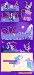 Size: 1919x4225 | Tagged: safe, artist:estories, princess celestia, twilight sparkle, twilight sparkle (alicorn), oc, oc:silverlay, alicorn, pony, unicorn, comic:a(pple)ffection, comic, dialogue, female, implied applejack, levitation, magic, mare, moon, night, orb, telekinesis, twilight's castle