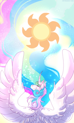 Size: 600x1000 | Tagged: safe, artist:srahitai, princess celestia, alicorn, pony, curved horn, female, horn, mare, smiling, solo, spread wings, wings