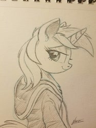 Size: 756x1008 | Tagged: safe, artist:ncmares, lyra heartstrings, semi-anthro, fanfic:background pony, atg 2018, bipedal, clothes, female, looking back, monochrome, newbie artist training grounds, signature, sketch, smiling, solo, sweater, traditional art