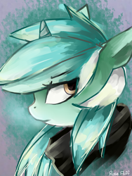 Size: 1500x2000 | Tagged: safe, artist:rosefluffdraws, lyra heartstrings, pony, unicorn, fanfic:background pony, bust, clothes, female, hoodie, looking back, mare, portrait, solo, sweater