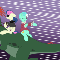 Size: 1280x1280 | Tagged: safe, artist:redquoz, bon bon, lyra heartstrings, sweetie drops, dinosaur, velociraptor, atg 2018, chase, clothes, duo, fancy dress, gradient background, newbie artist training grounds, reins, secret agent sweetie drops, slingshot, speed lines, spots, suit, sunglasses