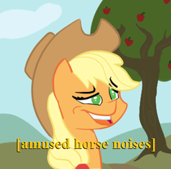 Size: 325x320 | Tagged: safe, artist:suxt0hax, applejack, earth pony, pony, 4chan, amused, colored, descriptive noise, horse noises, meme, solo