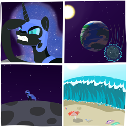 Size: 2560x2560 | Tagged: safe, artist:phat_guy, derpibooru exclusive, bon bon, lyra heartstrings, nightmare moon, sweetie drops, pony, beach, comic, earth, moon, pointy ponies, space, sun, tidal wave, umbrella, wave