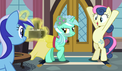 Size: 6800x4000 | Tagged: safe, artist:mundschenk85, bon bon, lyra heartstrings, minuette, sweetie drops, earth pony, pony, unicorn, absurd resolution, bipedal, blushing, bridesmaid dress, camera, clothes, dress, female, magic, show accurate, vector