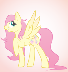 Size: 1700x1800 | Tagged: safe, artist:redarmies, fluttershy, pegasus, pony, alternate hairstyle, gradient background, looking at you, looking sideways, raised hoof, simple background, smiling, solo, spread wings, wings