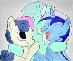 Size: 3700x3096 | Tagged: safe, artist:jesterofdestiny, bon bon, lyra heartstrings, minuette, sweetie drops, earth pony, pony, unicorn, eyes closed, friends, friendshipping, group hug, hug, one eye closed, open mouth, smiling, traditional art, trio