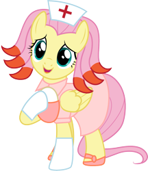 Size: 1001x1158 | Tagged: safe, artist:cloudyglow, fluttershy, pegasus, pony, chansey, clothes, costume, female, flutternurse, mare, nurse, open mouth, pokémon, simple background, solo, transparent background, vector