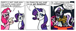 Size: 945x387 | Tagged: safe, artist:gingerfoxy, coloratura, pinkie pie, rarity, pony, unicorn, pony comic generator, cheese, clothes, comic, countess coloratura, dress, food, irony