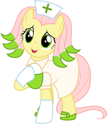 Size: 1001x1158 | Tagged: safe, artist:cloudyglow, edit, fluttershy, pony, chansey, clothes, cosplay, costume, female, mare, pokémon, shiny pokémon, simple background, smiling, solo, transparent background, vector, vector edit