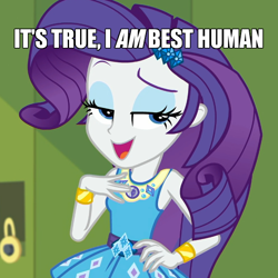 Size: 600x600 | Tagged: safe, edit, edited screencap, screencap, rarity, better together, equestria girls, holidays unwrapped, best human, bracelet, canterlot high, caption, cropped, cute, eyeshadow, female, geode of shielding, hallway, image macro, jewelry, lidded eyes, lockers, magical geodes, makeup, meme, open mouth, raribetes, smiling, solo, text