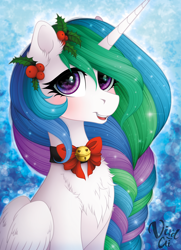Size: 1460x2020 | Tagged: safe, artist:vird-gi, princess celestia, alicorn, pony, blushing, braid, chest fluff, christmas, cute, cutelestia, female, holiday, holly, looking at you, mare, open mouth, solo