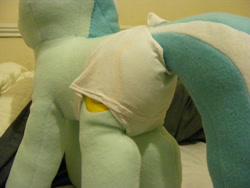 Size: 1600x1200 | Tagged: safe, artist:hoppip, lyra heartstrings, pony, unicorn, clothes, female, indoors, infamous, irl, lyra plushie, mare, panties, photo, plot, plothole plush lyra, plushie, rear view, solo, standing, underwear