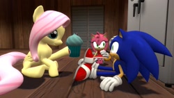 Size: 1366x768 | Tagged: safe, artist:migueruchan, fluttershy, pegasus, pony, 3d, amy rose, clothes, crossover, cupcake, food, panties, skirt, sonic the hedgehog, sonic the hedgehog (series), underwear, upskirt, white underwear