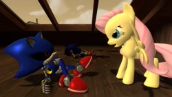 Size: 1366x768 | Tagged: safe, artist:migueruchan, fluttershy, pegasus, pony, 3d, crossover, metal sonic, sonic the hedgehog, sonic the hedgehog (series)