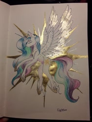 Size: 774x1032 | Tagged: safe, artist:clarissa0210, princess celestia, alicorn, pony, colored wings, eyes closed, female, flying, mare, solo, spread wings, traditional art, unshorn fetlocks, wings