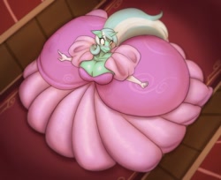 Size: 1280x1047 | Tagged: safe, artist:toughset, lyra heartstrings, anthro, unicorn, big breasts, blushing, breasts, cleavage, clothes, dress, evening gloves, female, from above, gloves, gown, hallway, huge breasts, impossibly large dress, long gloves, lyrack, mansion, perspective, poofy shoulders, skirt, solo, stuck