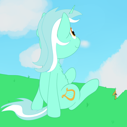 Size: 1250x1250 | Tagged: safe, artist:nitei, lyra heartstrings, pony, unicorn, cloud, grass, looking up, sitting, sky, smiling, solo