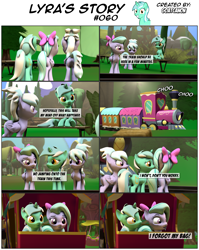 Size: 3929x4924 | Tagged: safe, artist:goatcanon, cloudchaser, flitter, lyra heartstrings, pegasus, pony, unicorn, comic:lyra's story, 3d, bow, comic, dialogue, female, friendship express, grass, hair bow, mare, open mouth, sky, source filmmaker, train, tree
