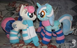 Size: 4195x2640 | Tagged: safe, artist:allunacraft, bon bon, lyra heartstrings, sweetie drops, earth pony, pony, unicorn, clothes, female, high res, irl, lesbian, lyrabon, photo, plushie, scarf, shipping, socks, striped socks