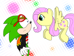 Size: 1300x1000 | Tagged: safe, artist:emenarartstudios, fluttershy, pegasus, pony, crossover, scourge the hedgehog, sonic the hedgehog (series)