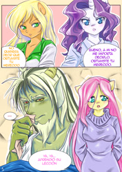 Size: 2480x3508 | Tagged: safe, artist:kyotoxart, applejack, discord, fluttershy, rarity, anthro, clothes, comic, discoshy, female, male, shipping, sick, spanish, straight, sweater, sweatershy, tissue, translated in the comments