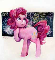 Size: 1260x1370 | Tagged: safe, artist:sapraitlond, pinkie pie, earth pony, pony, alternate hairstyle, female, fireworks, mare, raised hoof, solo, traditional art