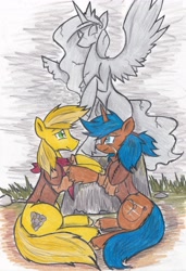 Size: 2369x3473 | Tagged: safe, artist:zubias, princess celestia, oc, oc:fool's gold, oc:tripwire, alicorn, pony, unicorn, fallout equestria, fallout equestria: trailblazers, fanfic art, female, male, mare, stallion, statue, traditional art