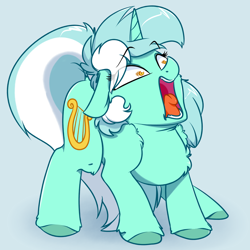 Size: 4000x4000 | Tagged: safe, artist:witchtaunter, lyra heartstrings, pony, unicorn, chest fluff, ear fluff, faic, female, frown, gradient background, gray background, hoof fluff, leg fluff, mare, open mouth, scared, screaming, screaming lyra meme, shoulder fluff, simple background, solo, tongue out, wat, wide eyes