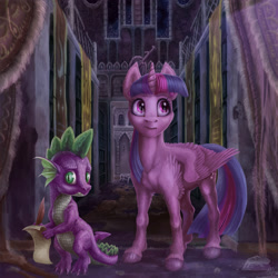 Size: 2000x2000 | Tagged: safe, artist:gor1ck, derpibooru import, spike, twilight sparkle, twilight sparkle (alicorn), alicorn, dragon, pony, castle of the royal pony sisters, detailed, female, mare, uncanny valley