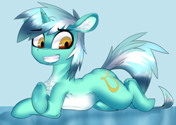 Size: 2636x1876 | Tagged: safe, artist:asherspray, lyra heartstrings, pony, unicorn, chest fluff, female, mare, pale belly, prone, round ears, smiling, solo