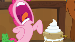 Size: 1920x1080 | Tagged: safe, screencap, gummy, pinkie pie, prince rutherford, pony, not asking for trouble, cake, discovery family logo, food, open mouth, volumetric mouth