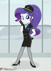 Size: 2553x3526 | Tagged: safe, artist:tabrony23, rarity, equestria girls, airport, clothes, female, gloves, high heels, high res, looking at you, patreon, patreon logo, shoes, smiling, solo