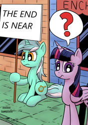 Size: 724x1024 | Tagged: safe, artist:pony-berserker edits, edit, lyra heartstrings, twilight sparkle, twilight sparkle (alicorn), alicorn, pony, unicorn, confused, exploitable meme, lyra's sign meme, question mark, sad in hindsight, sign, the end is near