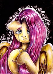 Size: 1504x2088 | Tagged: safe, artist:mannybcadavera, fluttershy, pegasus, pony, bust, crying, female, looking at you, mare, portrait, sad, solo, teary eyes, traditional art, wings