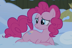 Size: 1401x946 | Tagged: safe, screencap, pinkie pie, earth pony, pony, not asking for trouble, female, mare, night, prone, sad, snow, solo, yakyakistan