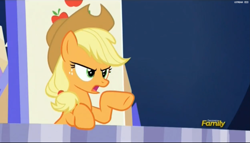 Size: 2495x1431 | Tagged: safe, screencap, applejack, earth pony, pony, 28 pranks later, angry, discovery family logo, solo