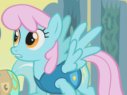 Size: 747x562 | Tagged: safe, screencap, lyra heartstrings, pegasus, pony, winter wrap up, background pony, cropped, electric blue, female, mare, pink mane, pinkish, recolor, solo focus, spread wings, weather team, wings, winter wrap up vest