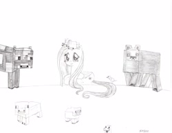 Size: 3300x2550 | Tagged: safe, artist:sms00, fluttershy, chicken, cow, lamb, pegasus, pony, sheep, crossover, minecraft, traditional art