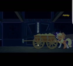 Size: 1440x1306 | Tagged: safe, screencap, applejack, rarity, earth pony, pony, unicorn, 28 pranks later, cart, discovery family logo, pushing