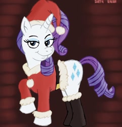 Size: 739x767 | Tagged: safe, artist:scobionicle99, rarity, pony, unicorn, boots, christmas, clothes, costume, female, hat, holiday, mare, santa costume, santa hat, shoes, solo