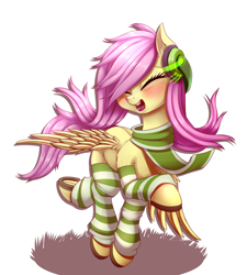 Size: 1526x1696 | Tagged: safe, artist:dankflank, fluttershy, pegasus, pony, blushing, clothes, cute, eyes closed, female, headphones, horseshoes, leg warmers, mare, open mouth, scarf, shyabetes, simple background, smiling, socks, solo, striped socks, underhoof